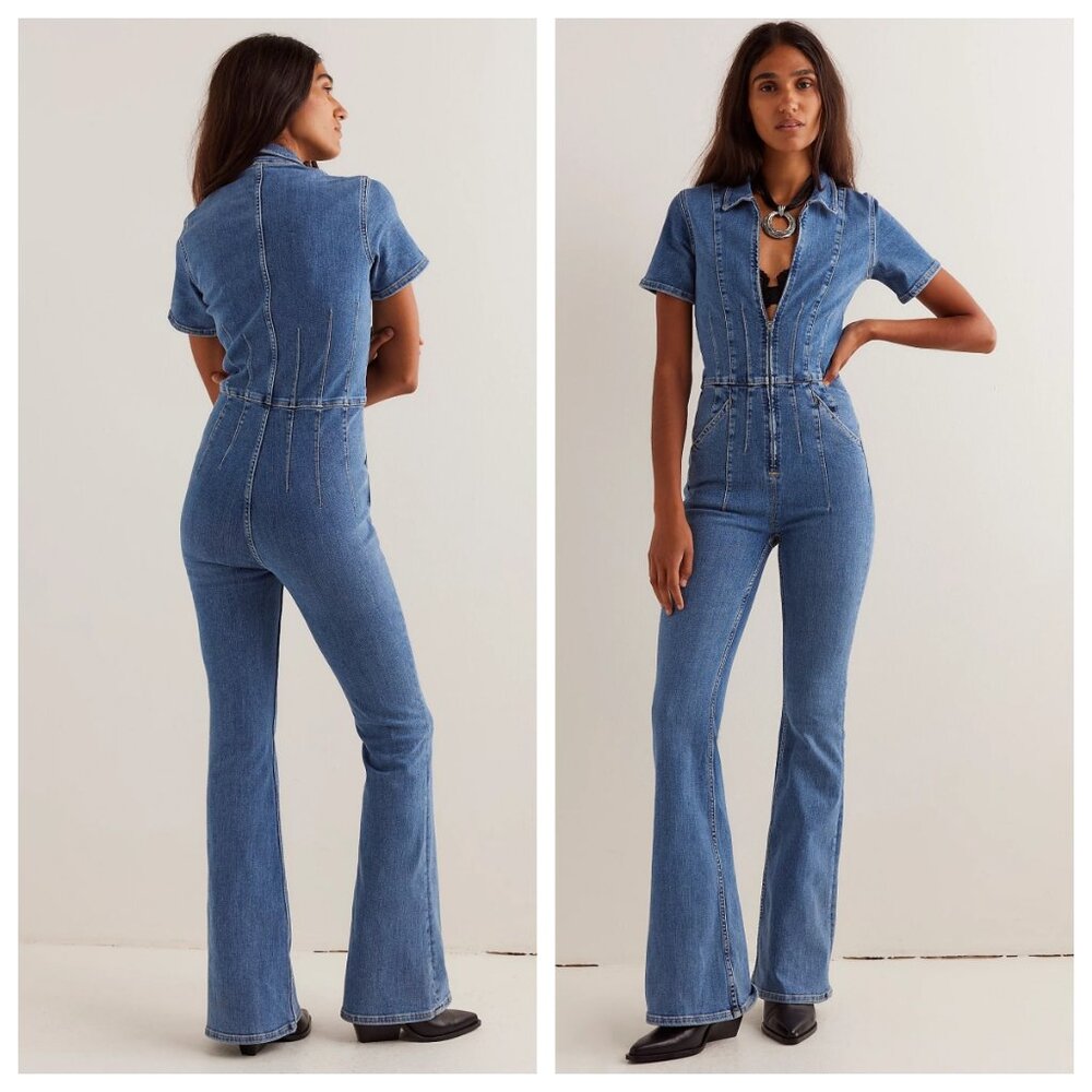 Free People Jayde Flare Slim Jumpsuit in Sunburst Blue